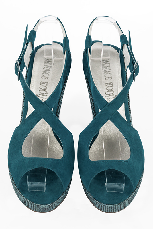 Peacock blue women's open back sandals, with crossed straps. Round toe. Very high wedge soles. Top view - Florence KOOIJMAN